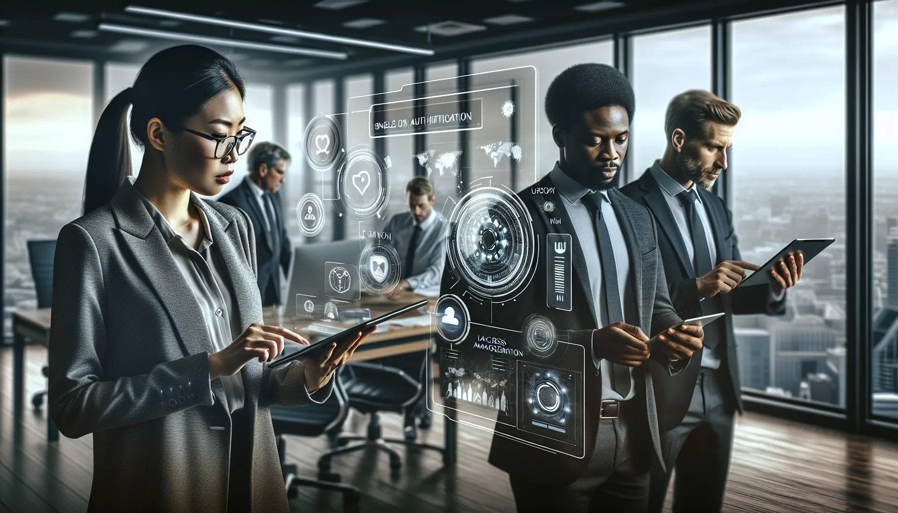 diverse professionals discussing Jabil Okta features in a modern office.