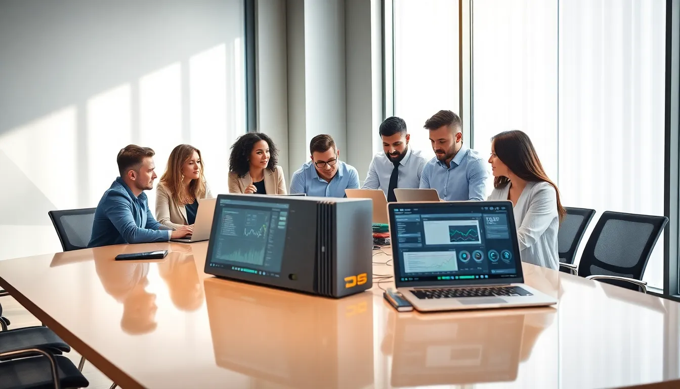 professionals collaborating in a modern office with advanced technology devices.