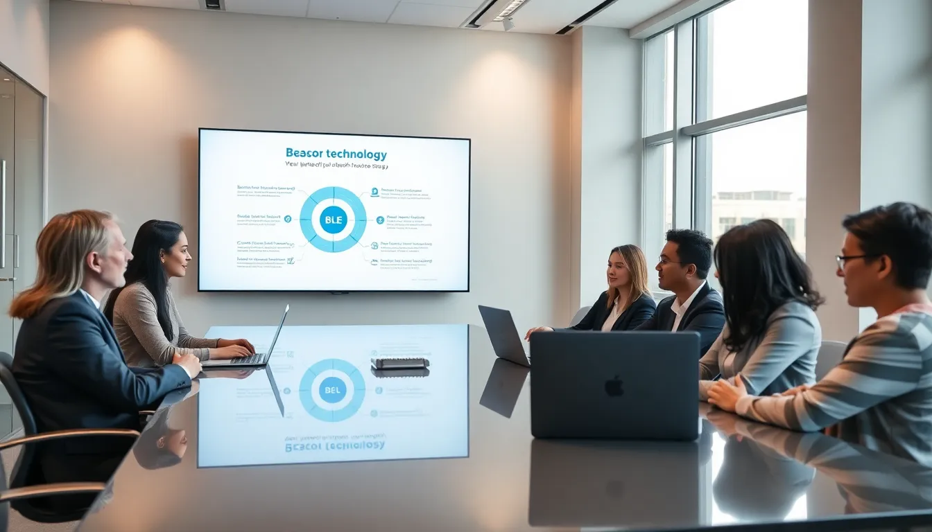 diverse professionals discussing beacon technology in a modern office.