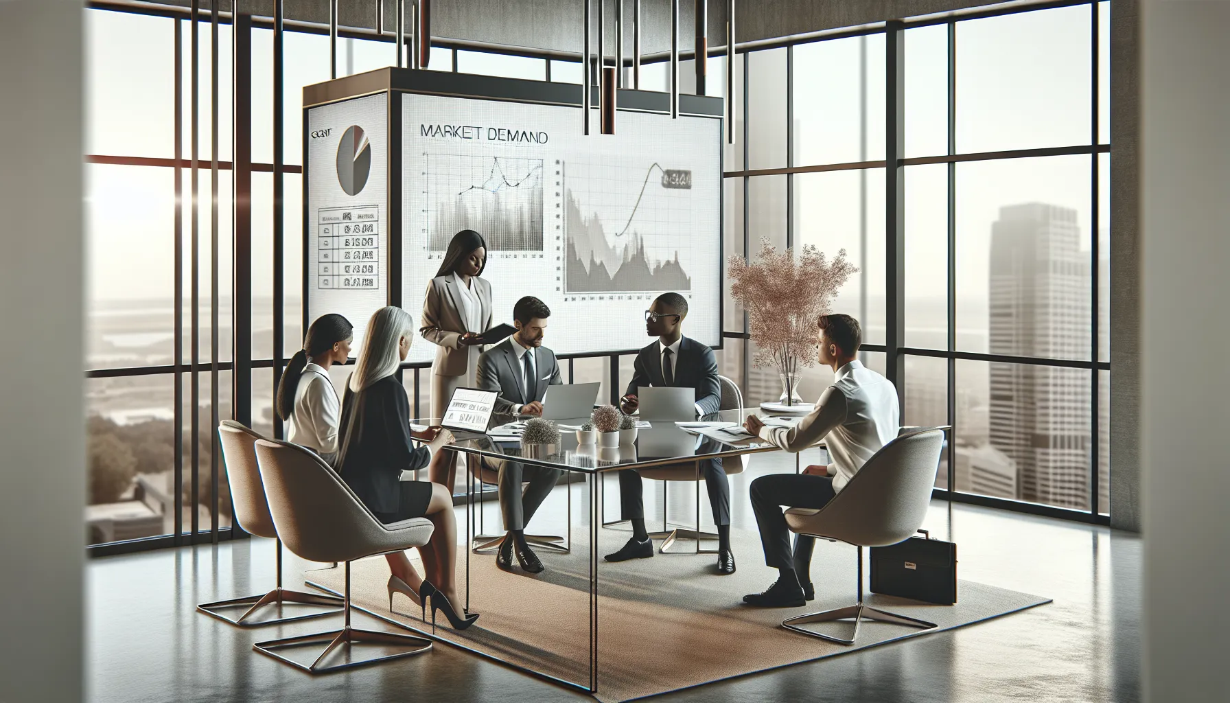 business professionals discussing price per piece strategies in a modern office.