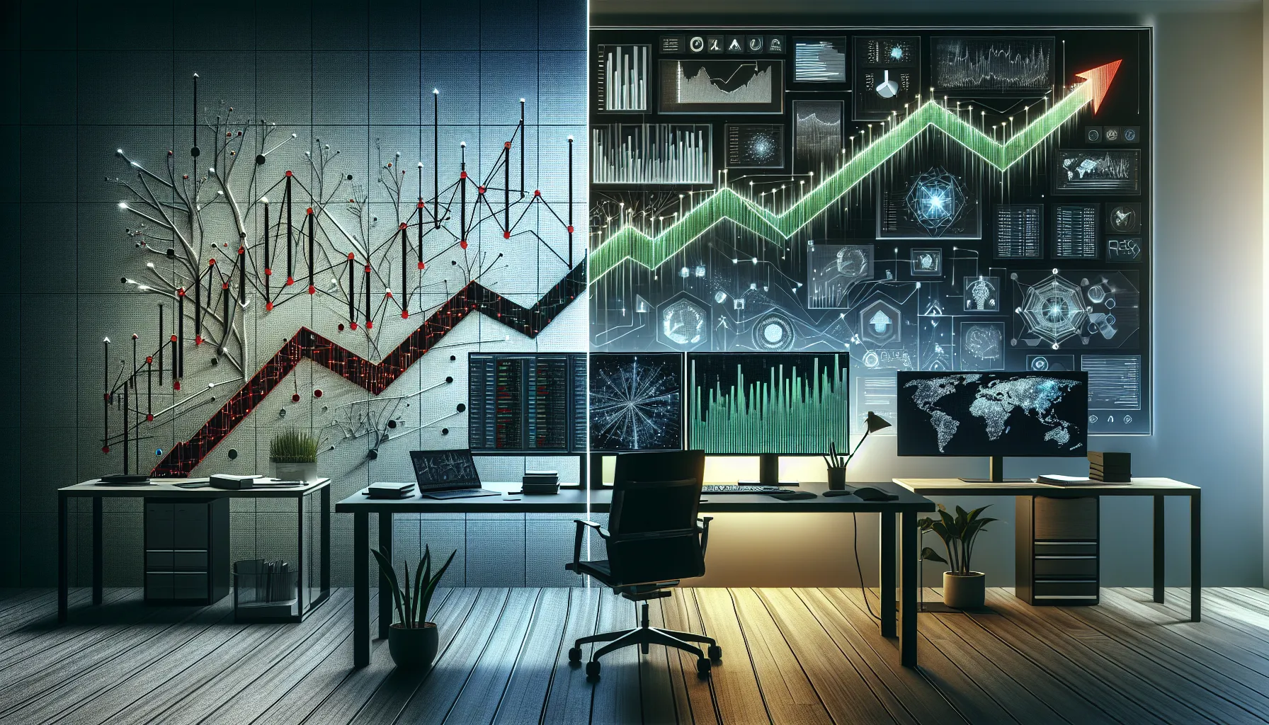 Split-screen showing declining crypto charts transitioning to rising growth metrics in modern workspace.