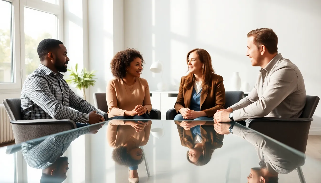 two parents discussing their child’s wellbeing with a therapist.
