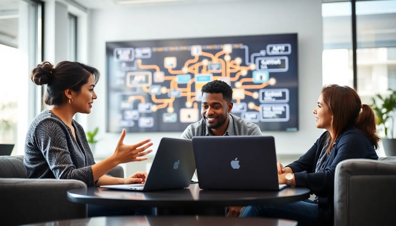 diverse team discussing APIs in a modern office setting.