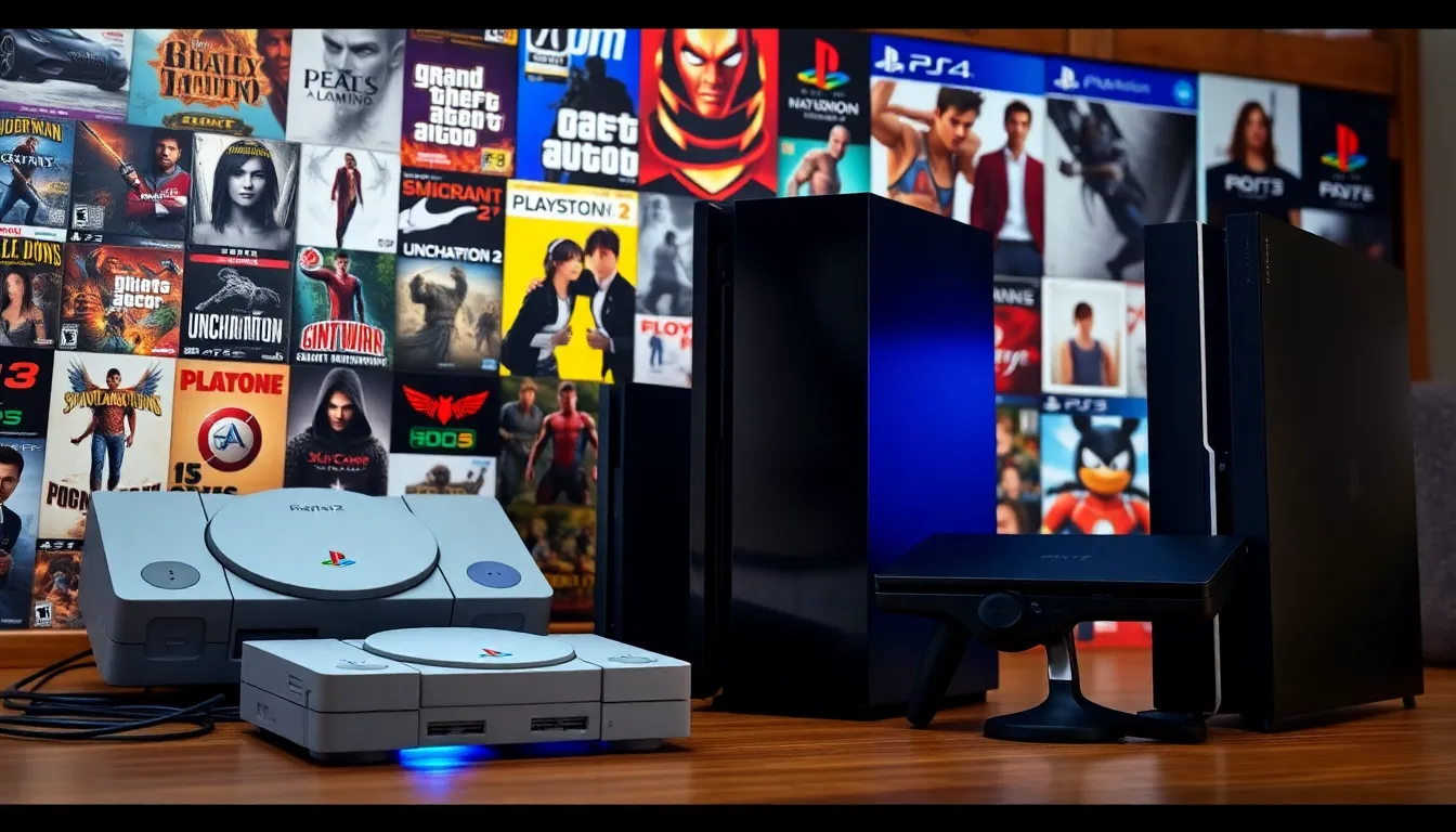 A display of PlayStation consoles showcasing their evolution from PS1 to PS4.