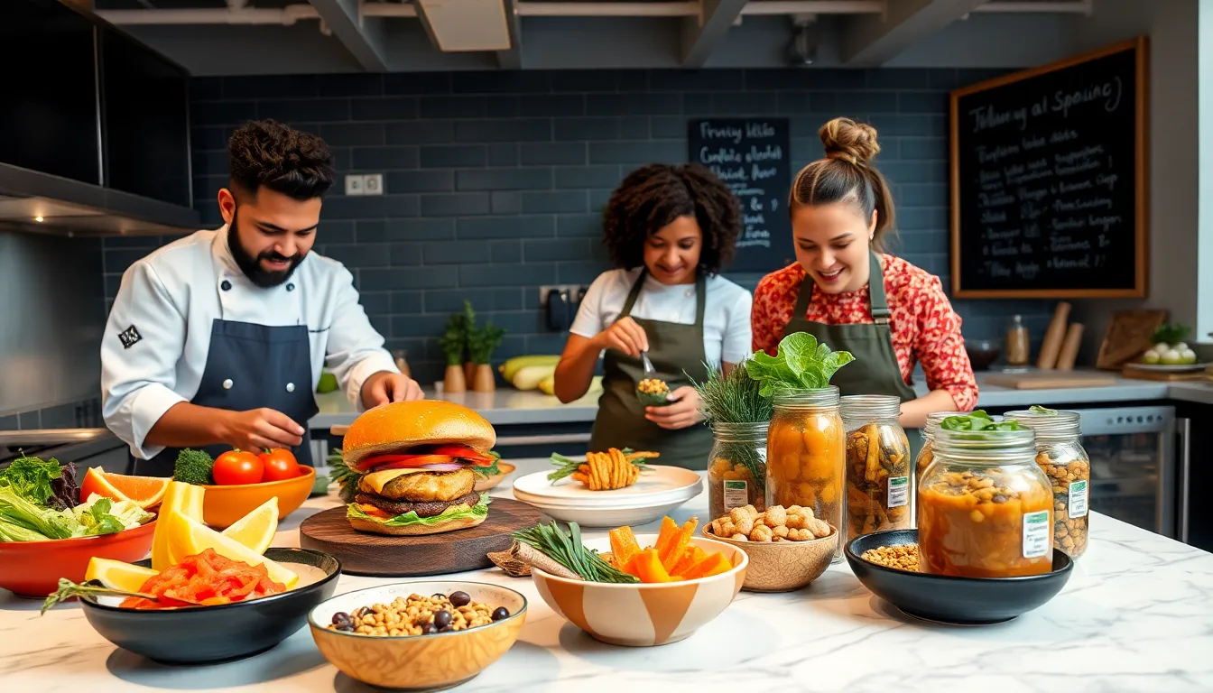 diverse chefs creating plant-based dishes in a modern kitchen.