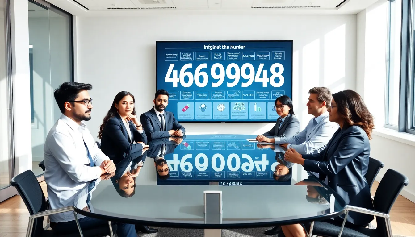 diverse professionals discussing the significance of a specific number in an office