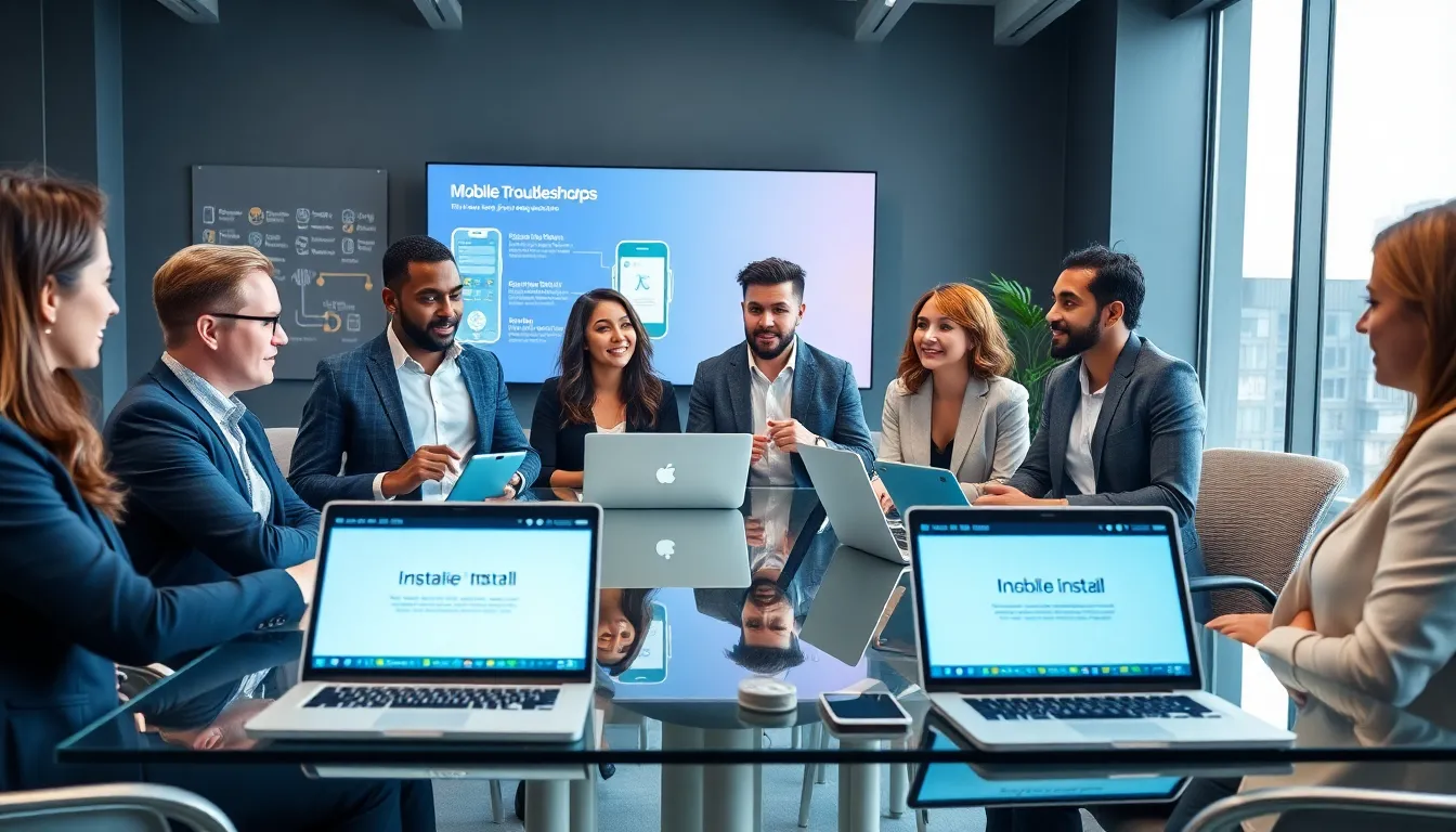 professionals discussing mobile services in a modern office setting.