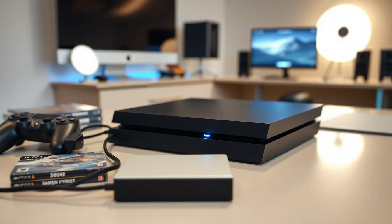 PlayStation 4 connected to an external hard drive in a modern workspace.
