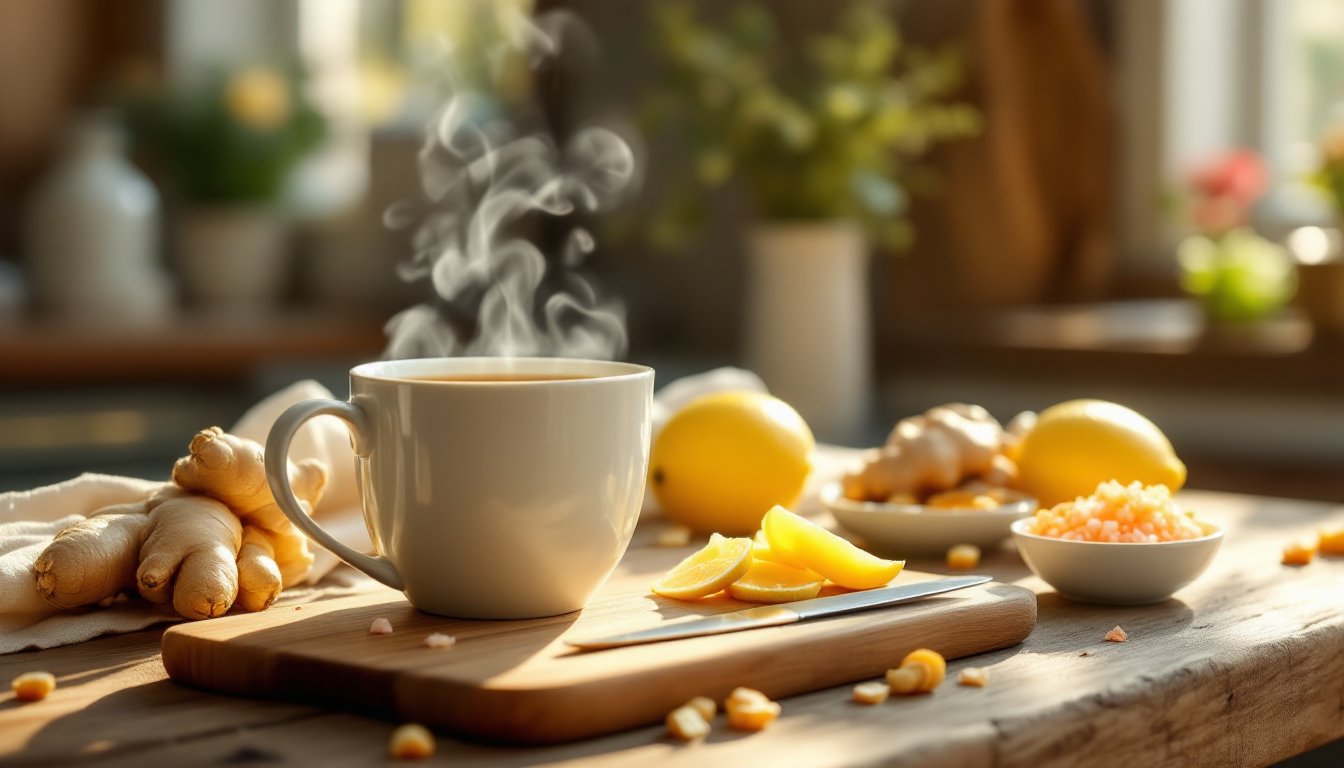 A steaming cup of ginger tea with fresh ginger root, rock salt, and lemon on a wooden counter.