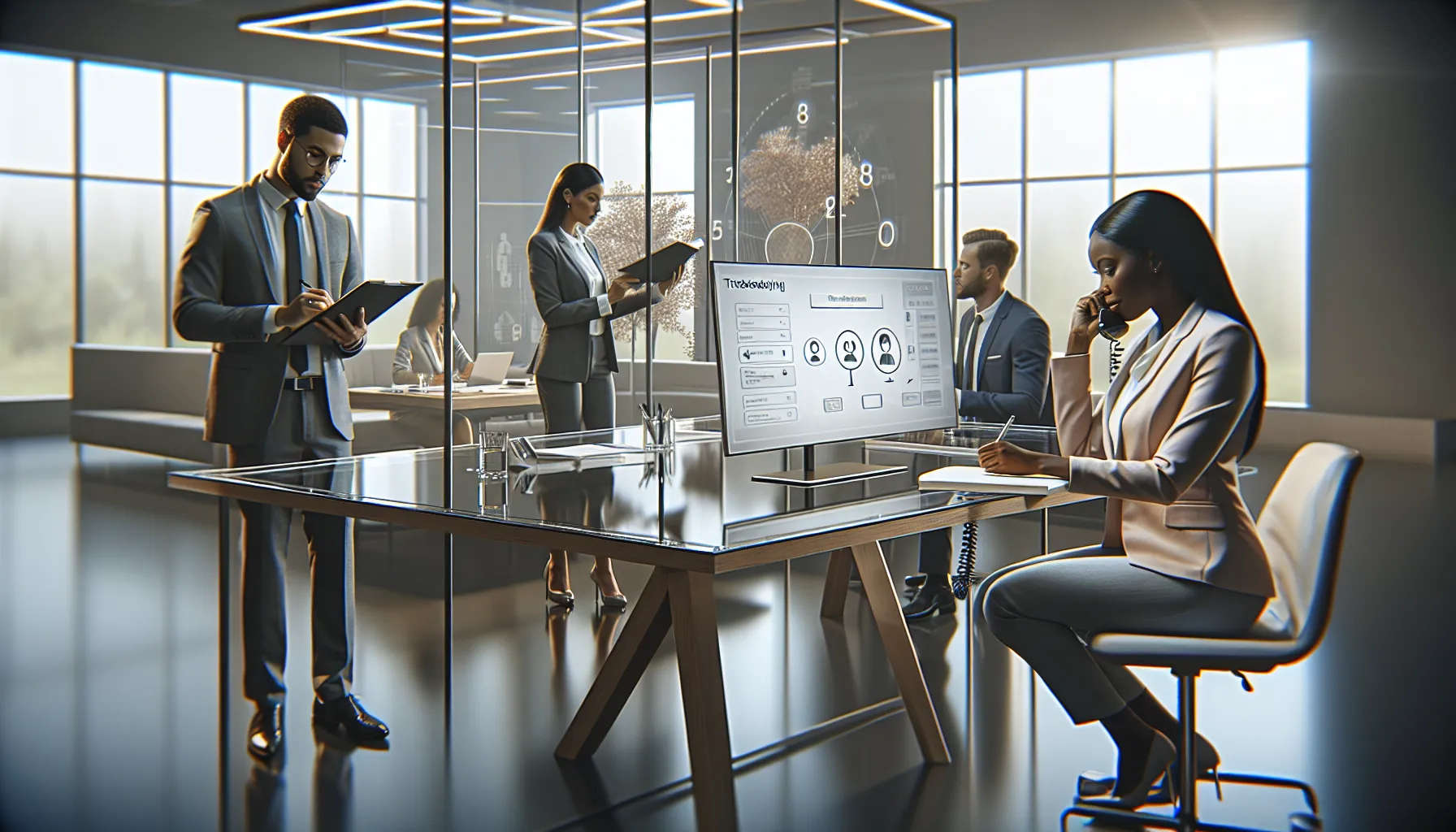 diverse team troubleshooting in a modern office setting.