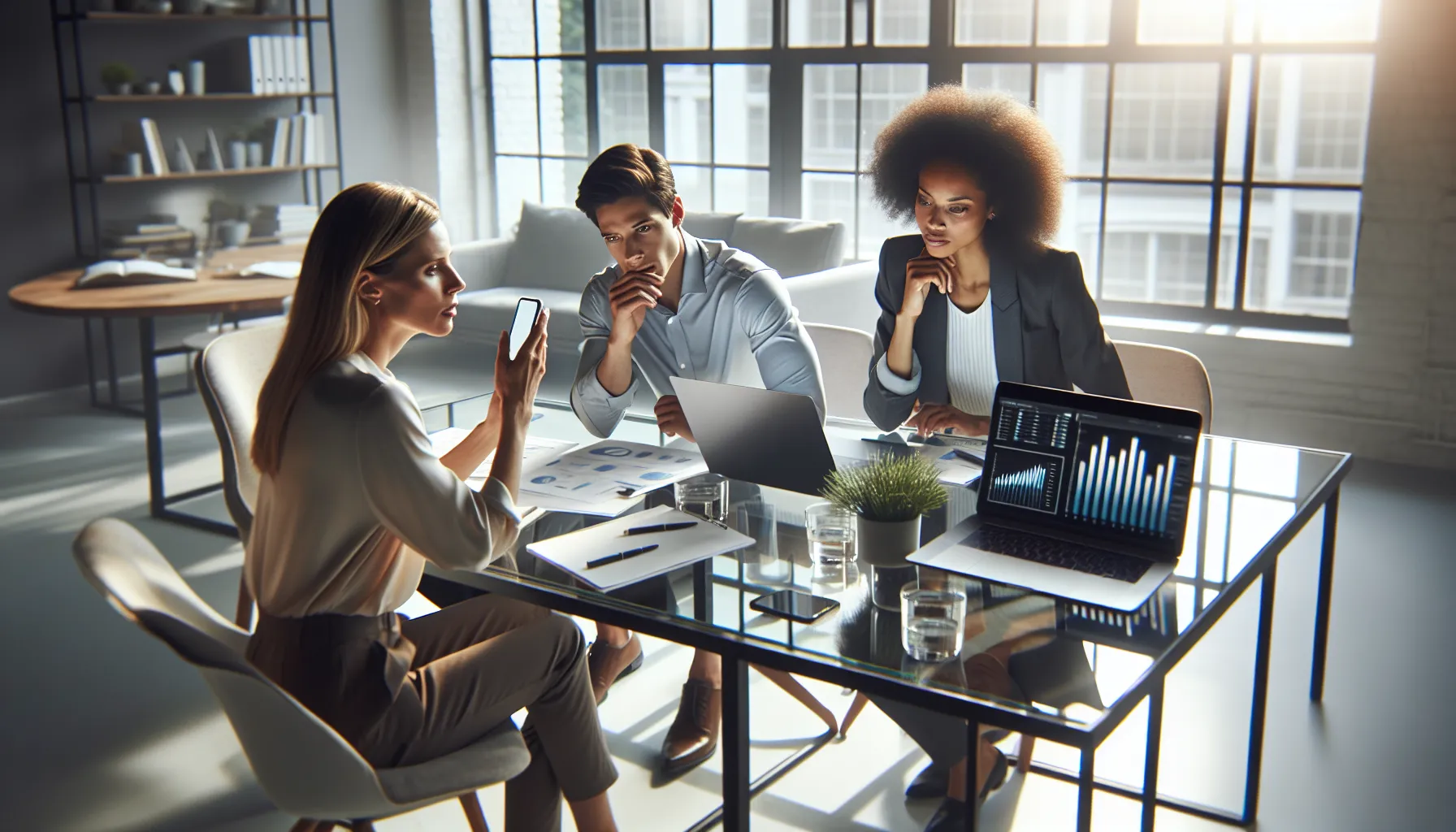 diverse team discussing phone call identification in a modern office.