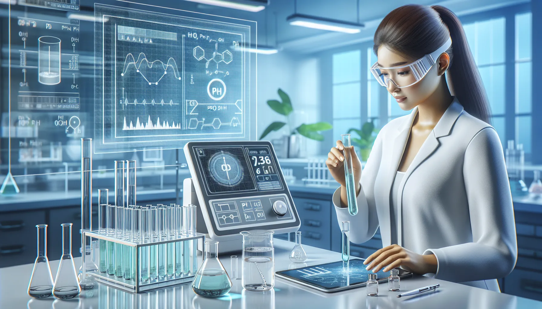 A scientist measures chemical pH levels in a laboratory.