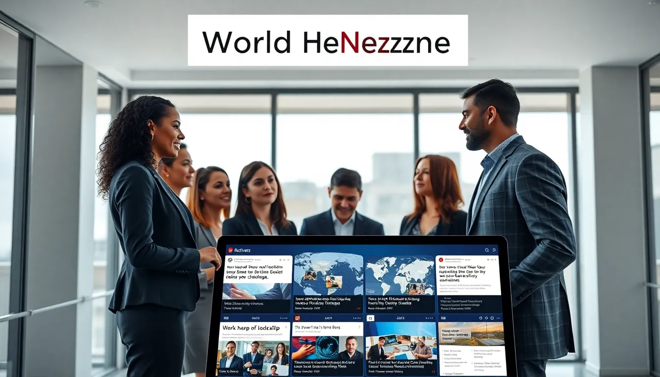 diverse team discussing world news in a modern office setting.