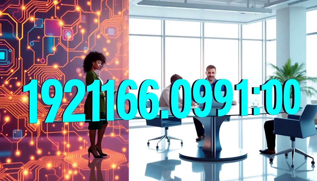 illustration of an IP address with diverse professionals in a modern office.