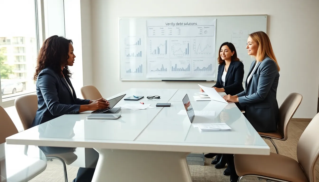 diverse professionals discussing debt solutions in a modern office.
