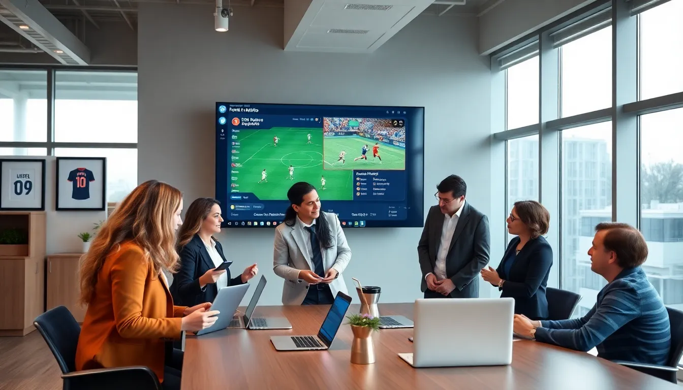 diverse team analyzing football content in a modern office.