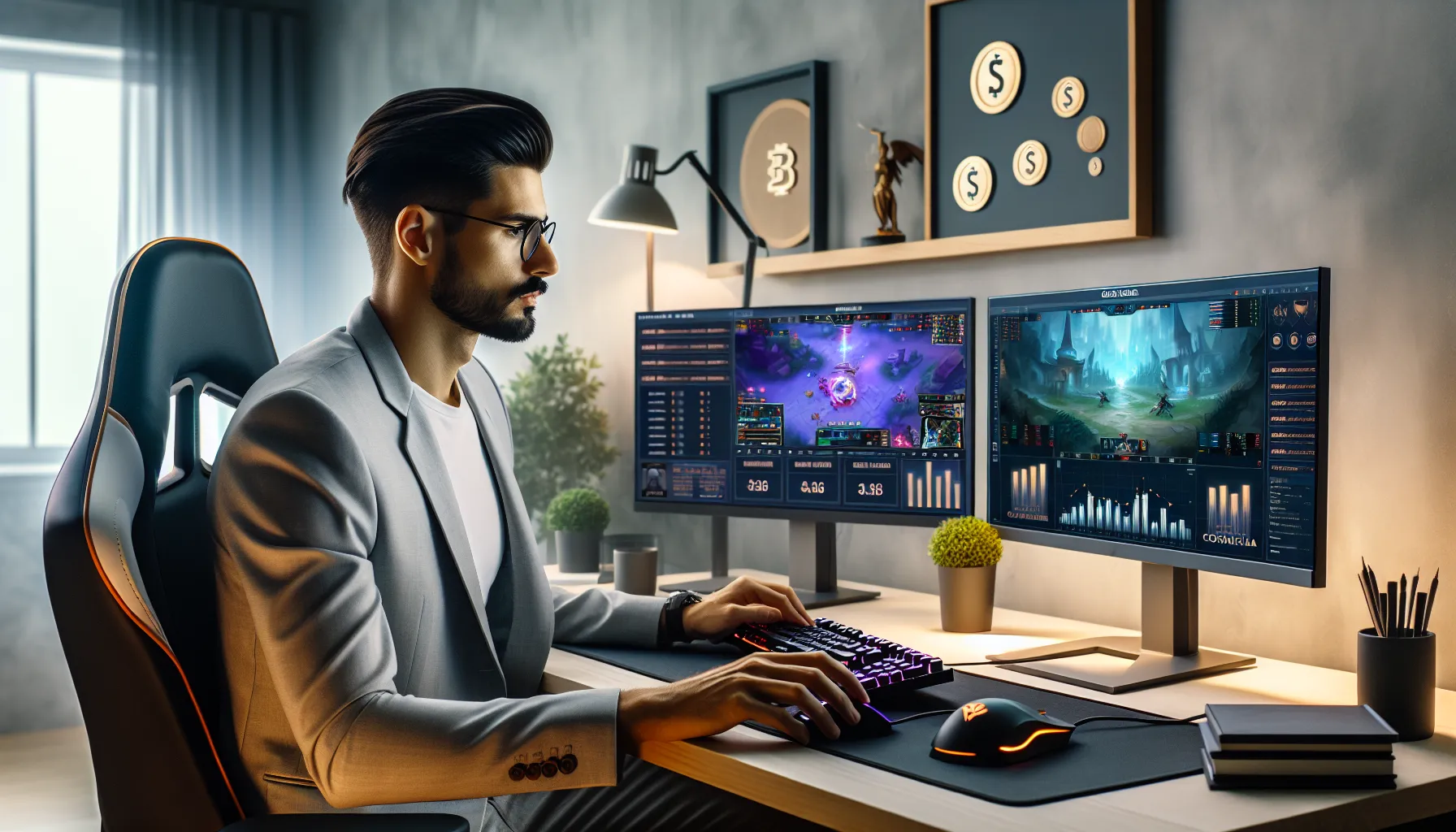 Professional gamer analyzing earnings data at modern gaming workstation