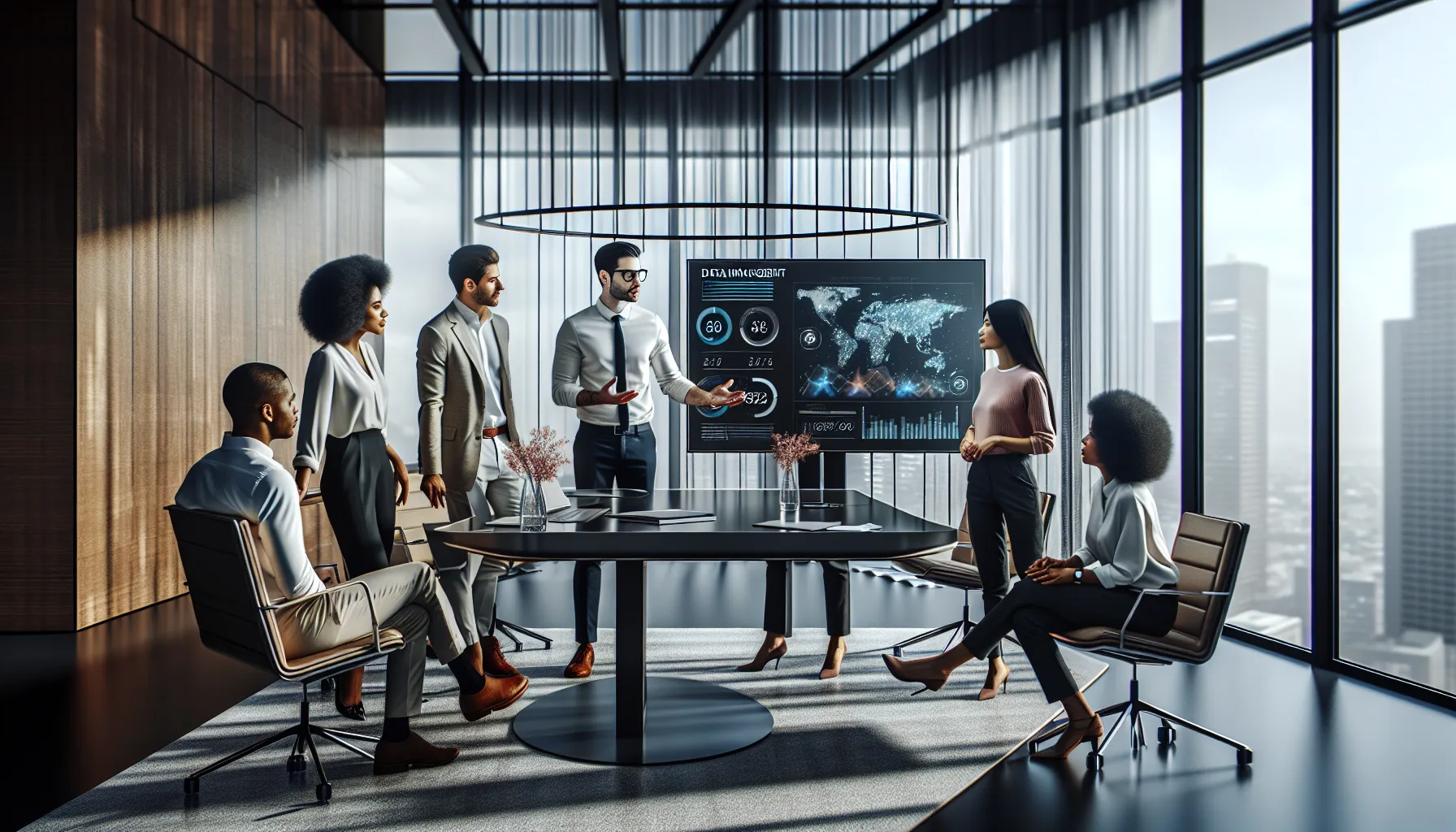 diverse professionals collaborating in a modern office setting.