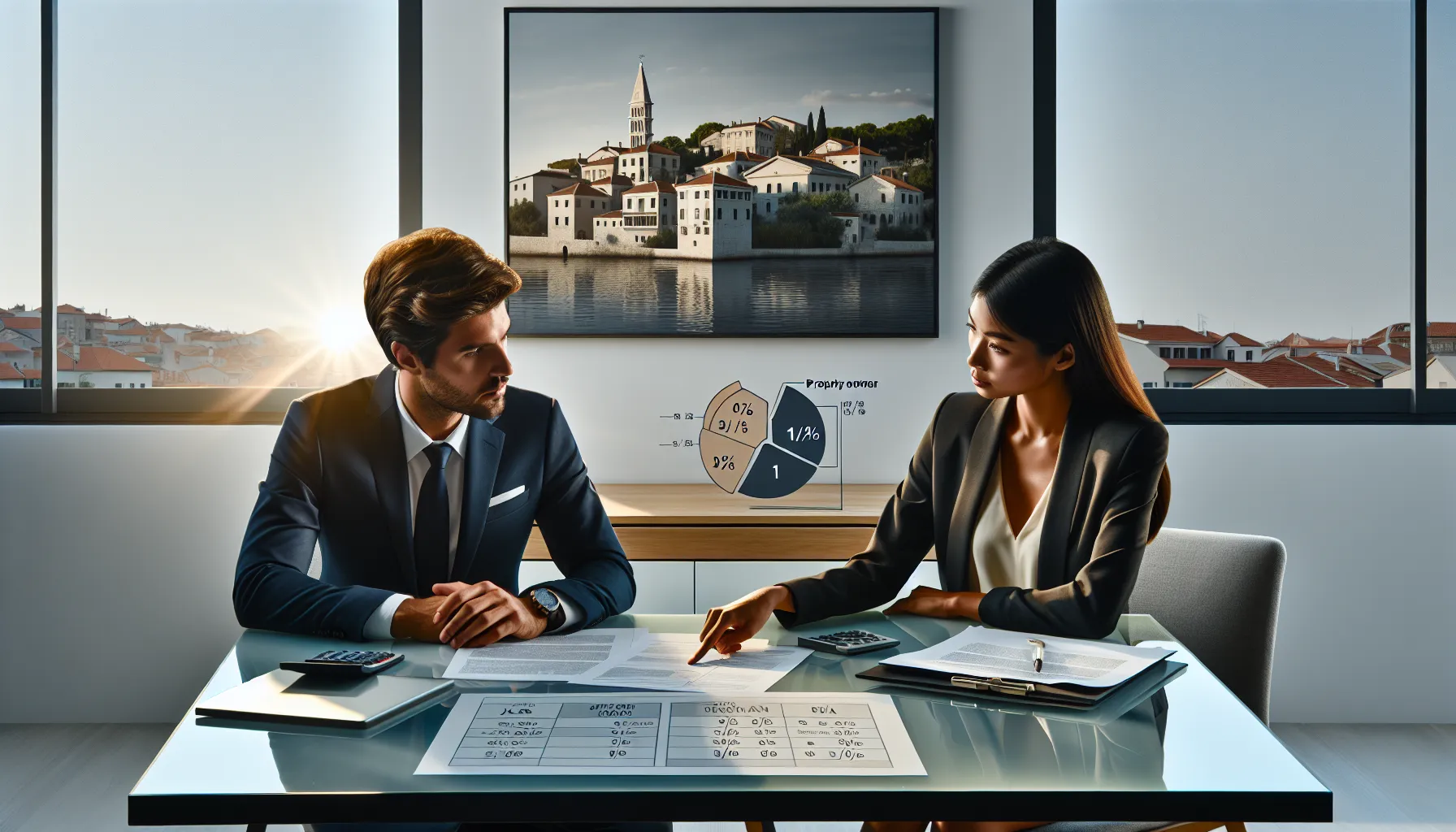 Real estate professionals discussing property co-ownership documents in modern Croatian office