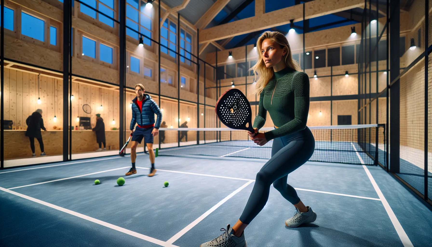 Norwegian players rally on an indoor padel court with snowy evening outside.