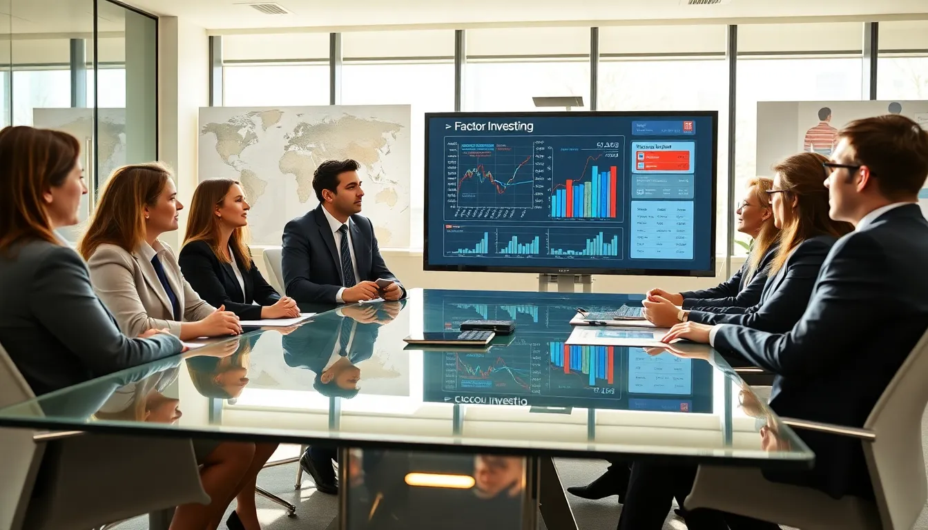 financial professionals discussing factor investing in a modern office.