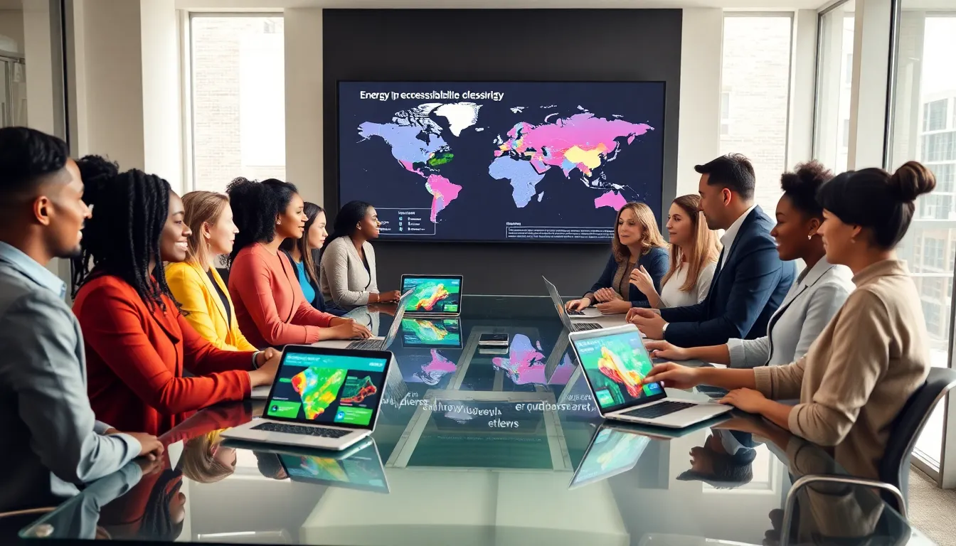 diverse team discussing renewable energy solutions in a modern office.