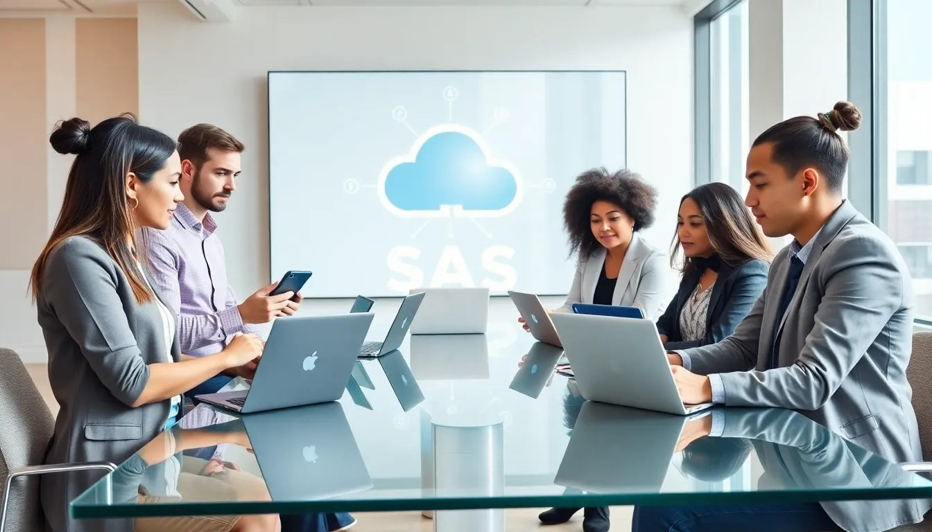 Diverse team collaborating on SaaS applications in a modern office.