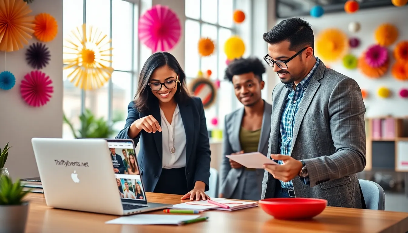 diverse team brainstorming event ideas in a modern office setting.