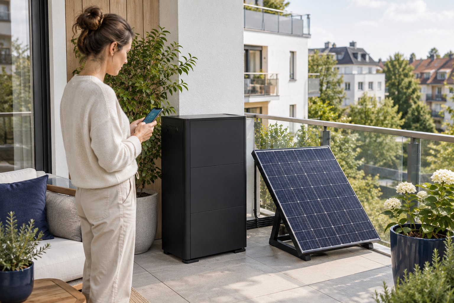 Balkonkraftwerk mit Batteriespeicher auf der Terrasse eines modernen Wohnhauses