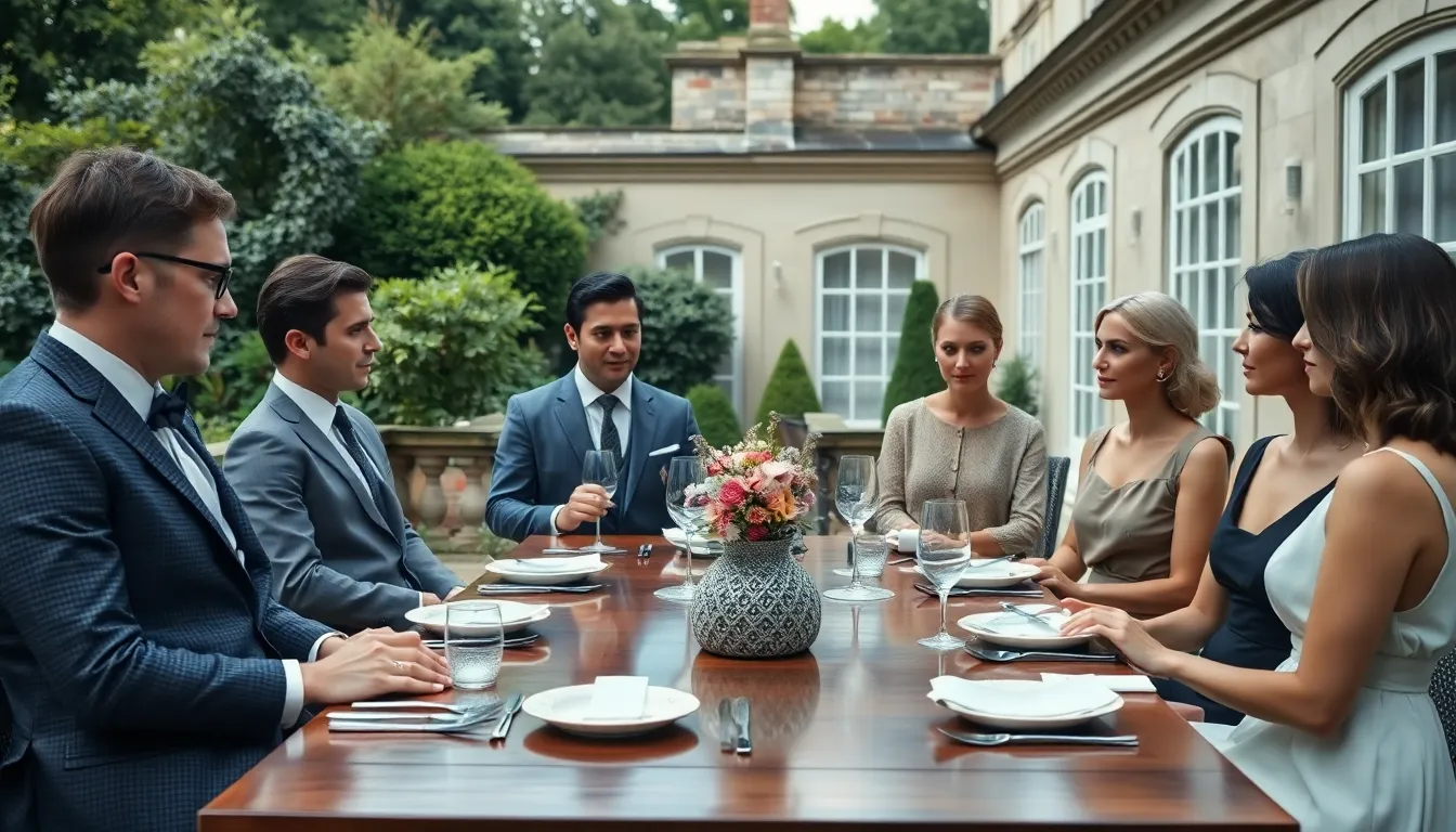 A refined brunch gathering at a country estate reflecting old money fashion.