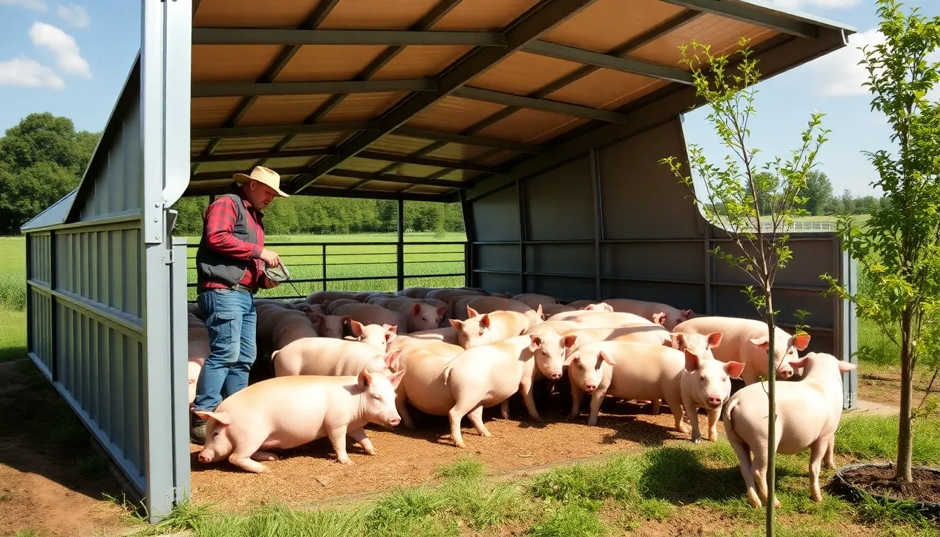 spacious Kalimac Hogpen with pigs and a farmer maintaining it.