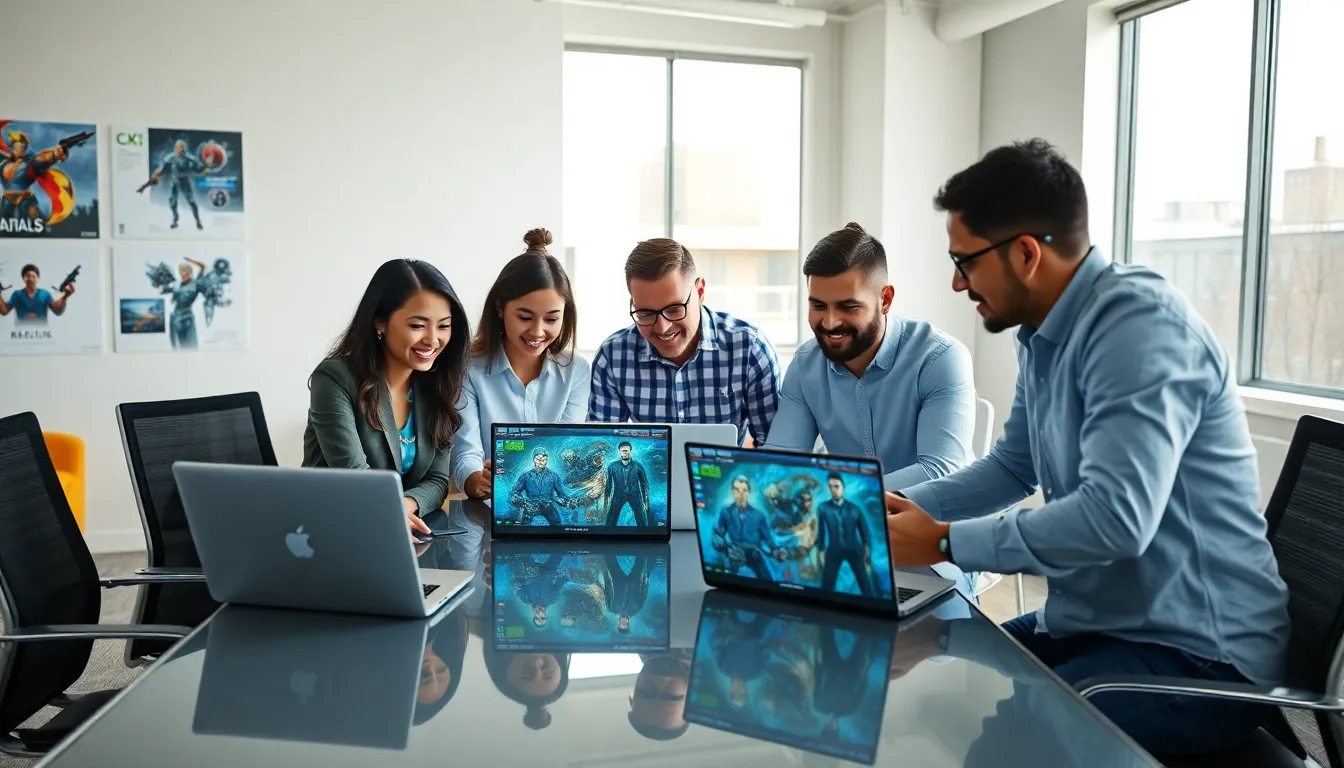 diverse team collaborating on CK2 character designs in a modern office.