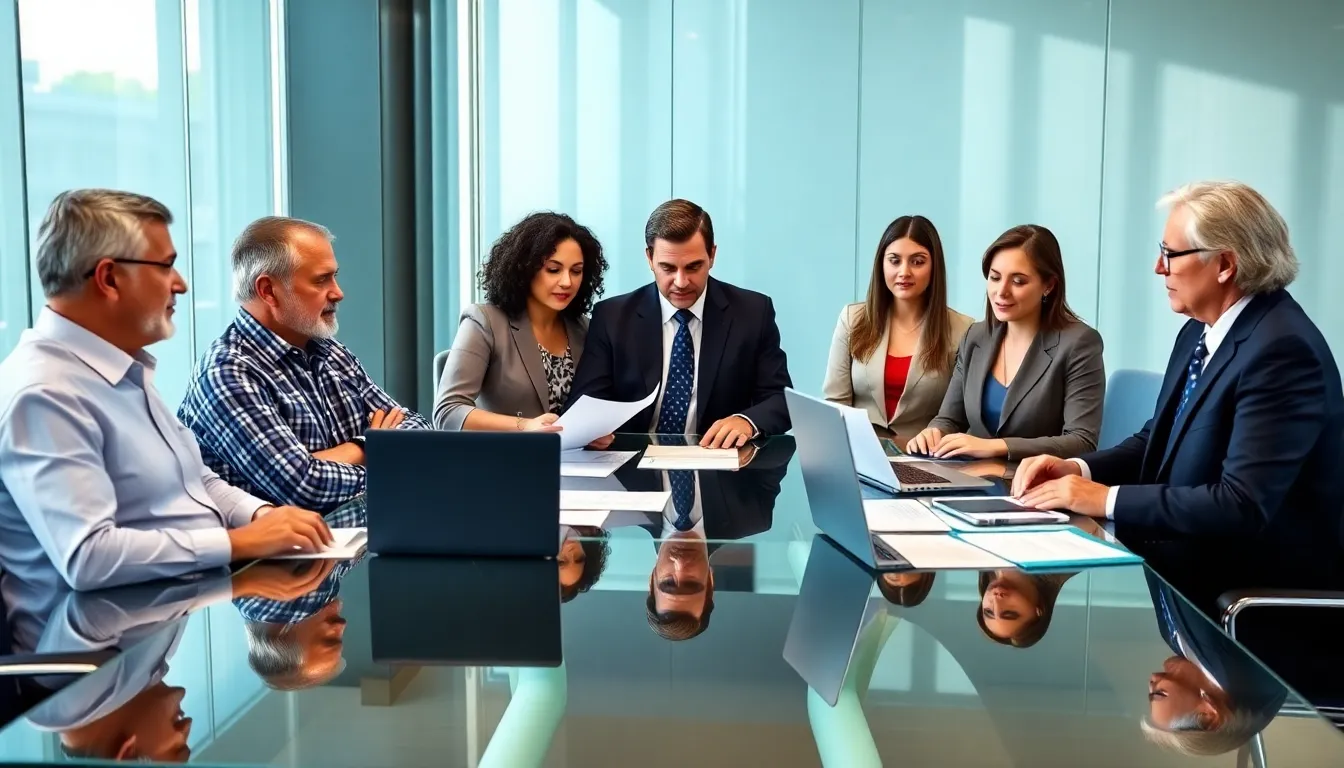veterans and VA representatives collaborating in a modern office.