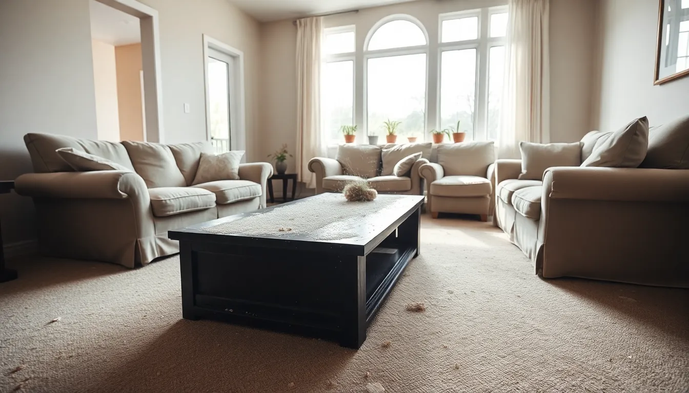 a dusty living room with debris indicating neglect in a suburban home.