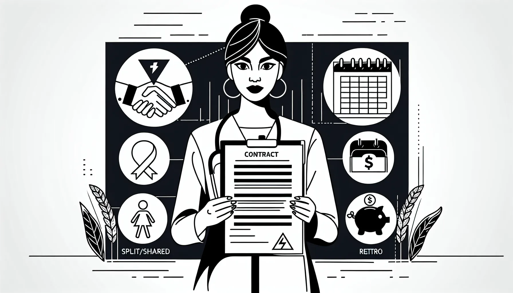 Physician reviewing a contract surrounded by icons showing common RVU compensation traps.