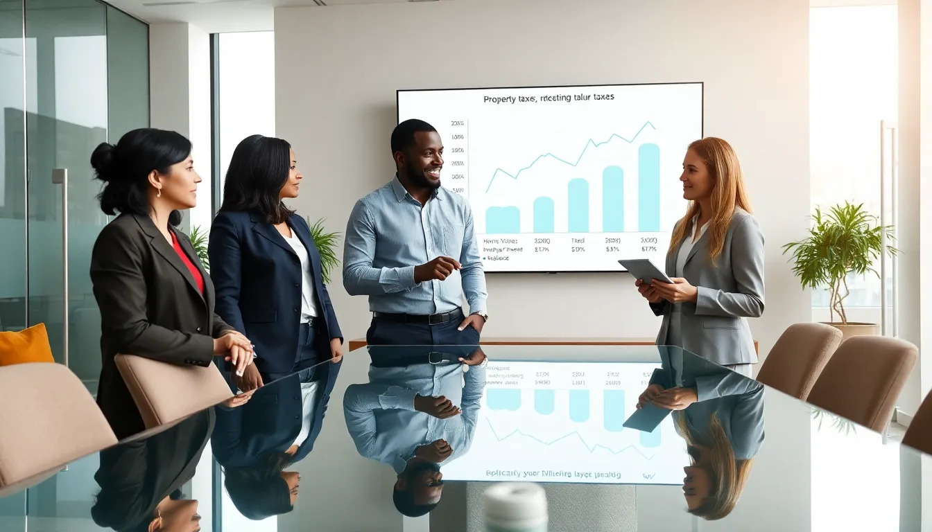 diverse professionals discussing property taxes in a modern office setting.