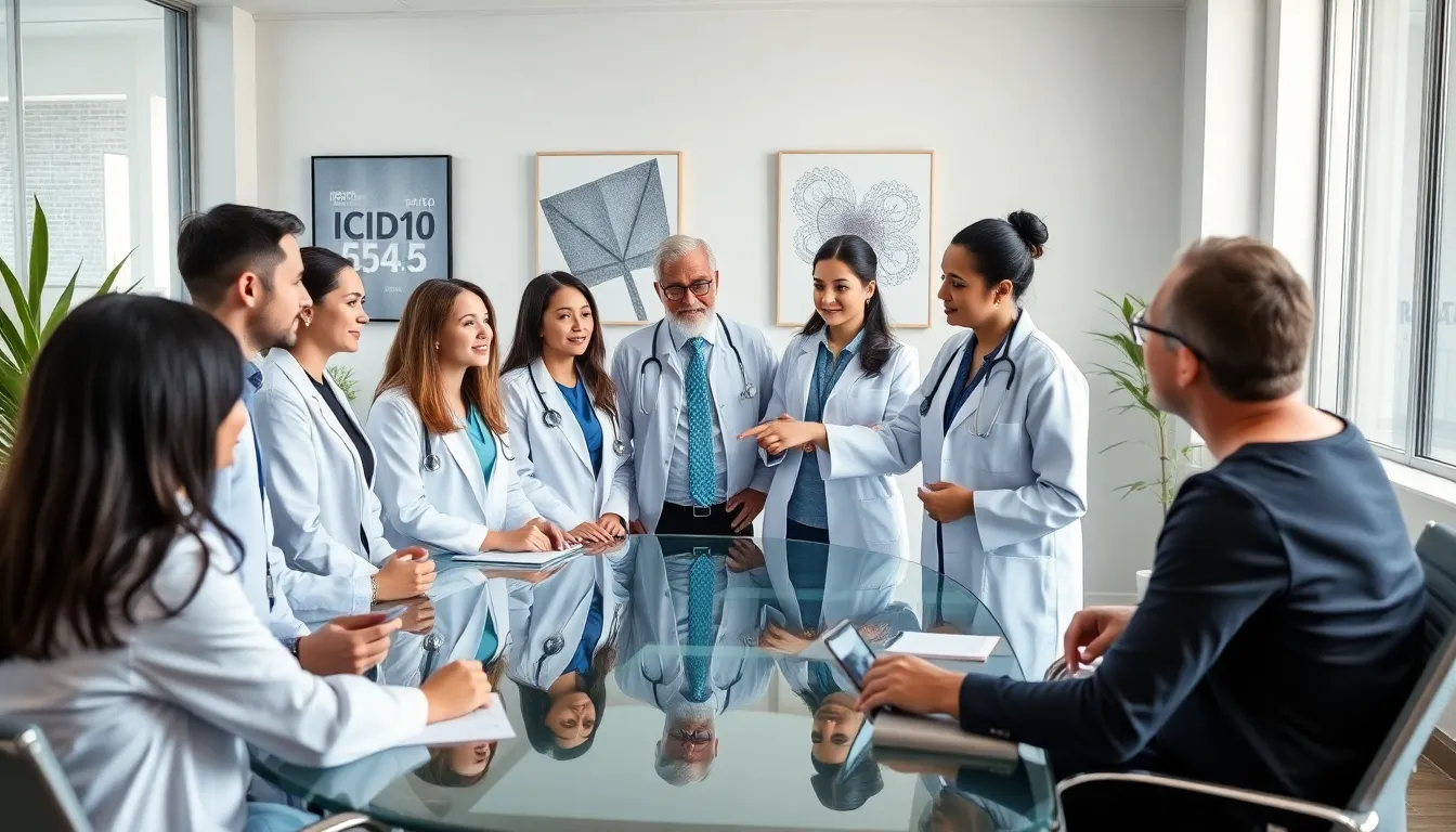 diverse healthcare professionals discussing ICD-10 coding in a modern office.