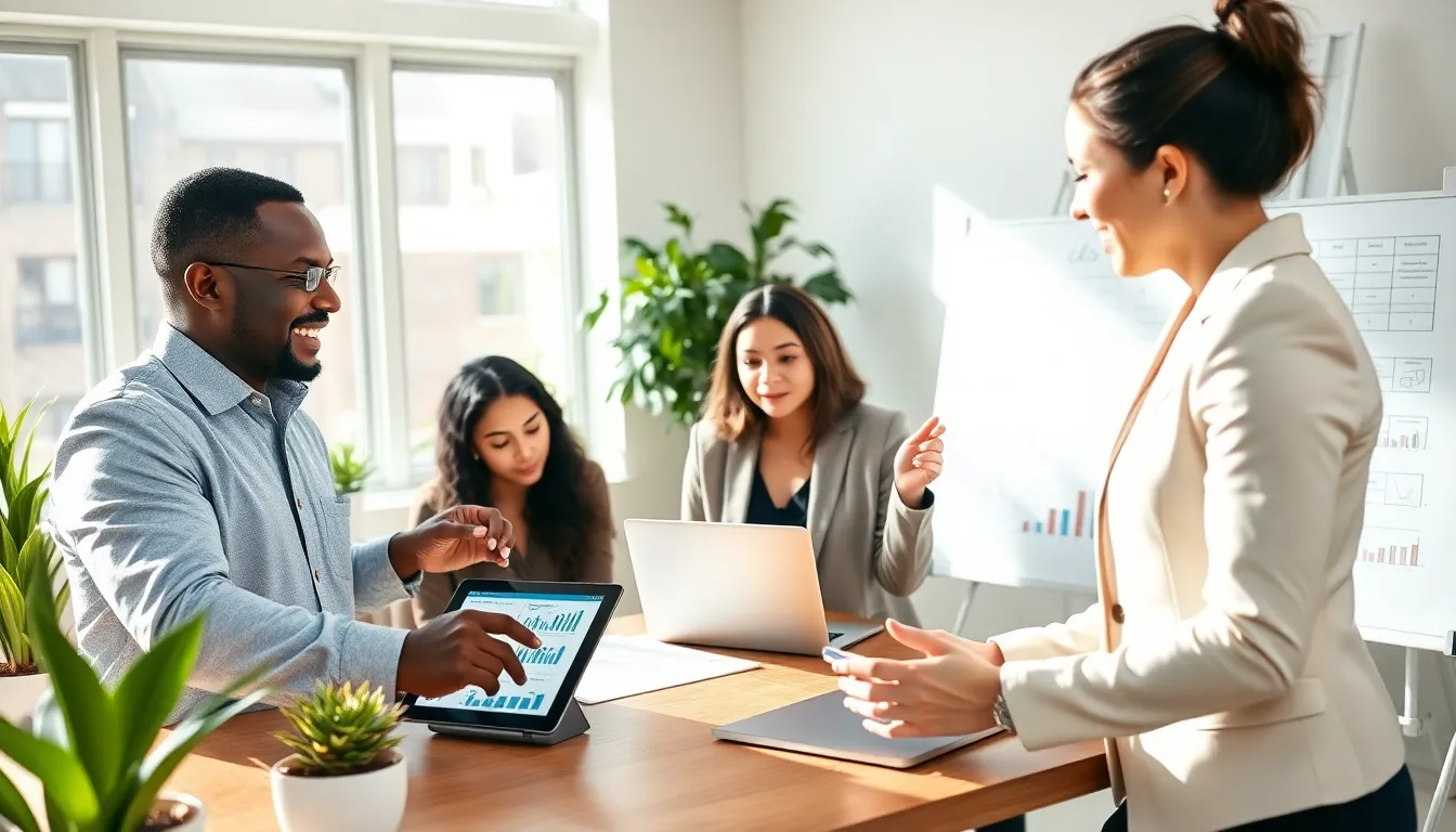 diverse real estate team collaborating in a modern office setting.