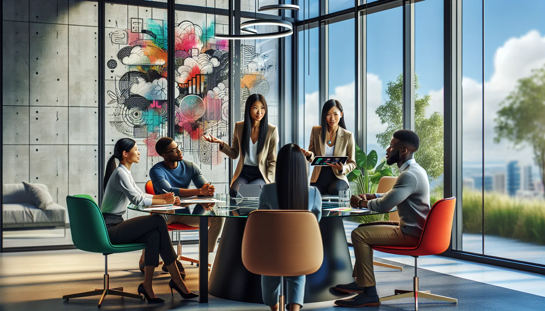 diverse team brainstorming in a modern office.