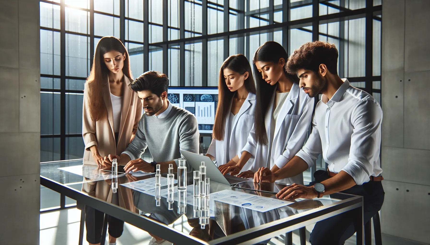 diverse skincare professionals collaborating in a modern lab.