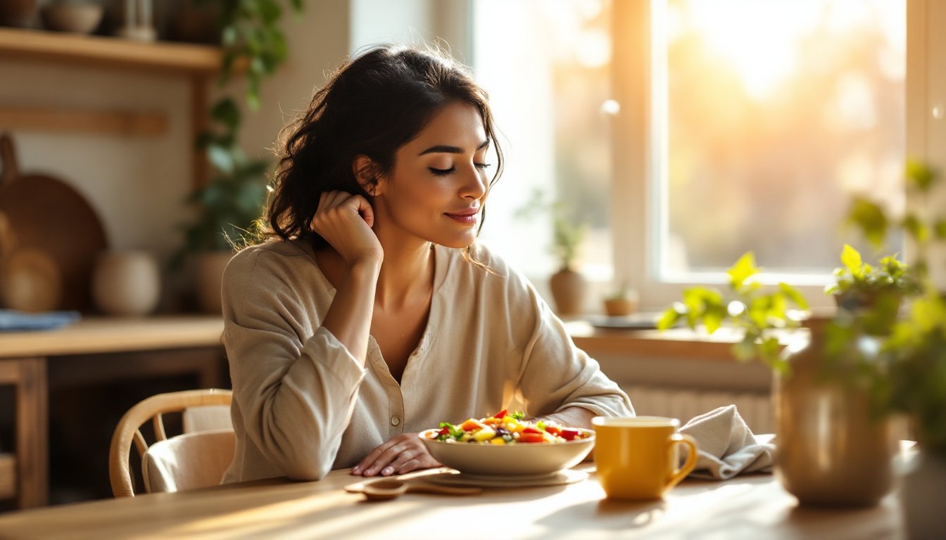 Woman peacefully eating a slow, mindful meal at a sunlit kitchen table.