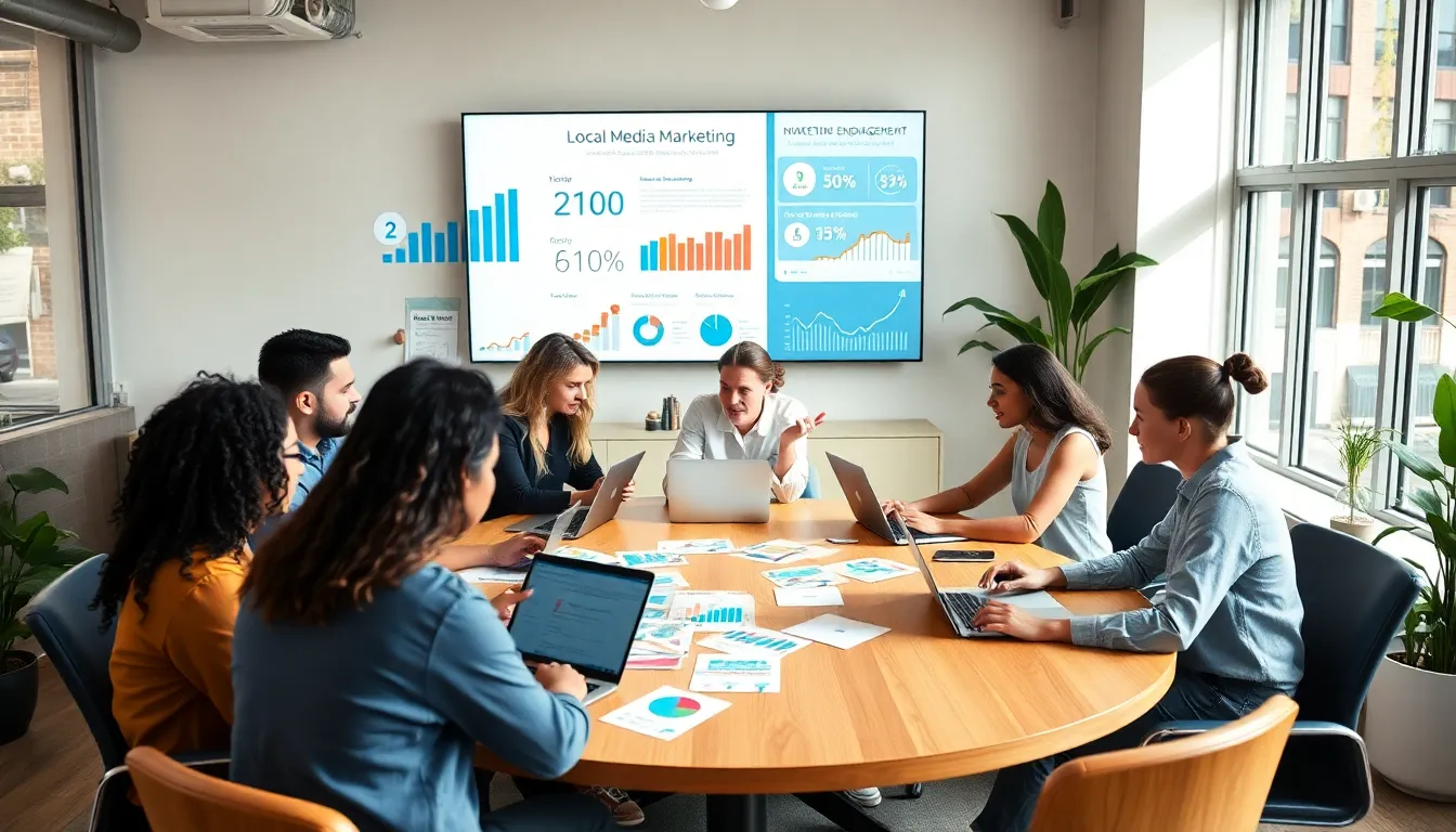 diverse team collaborating on local social media marketing strategies.