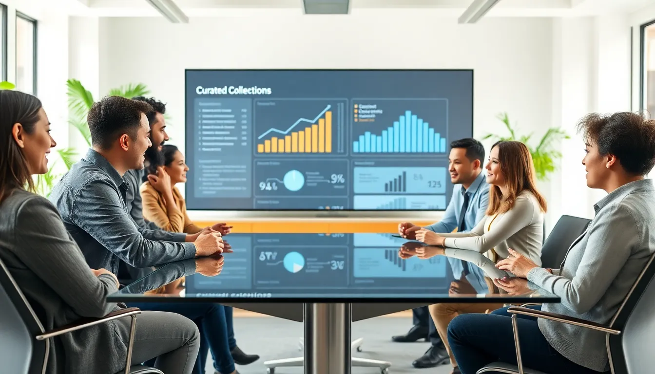 diverse team collaborating in a modern office on curated content.