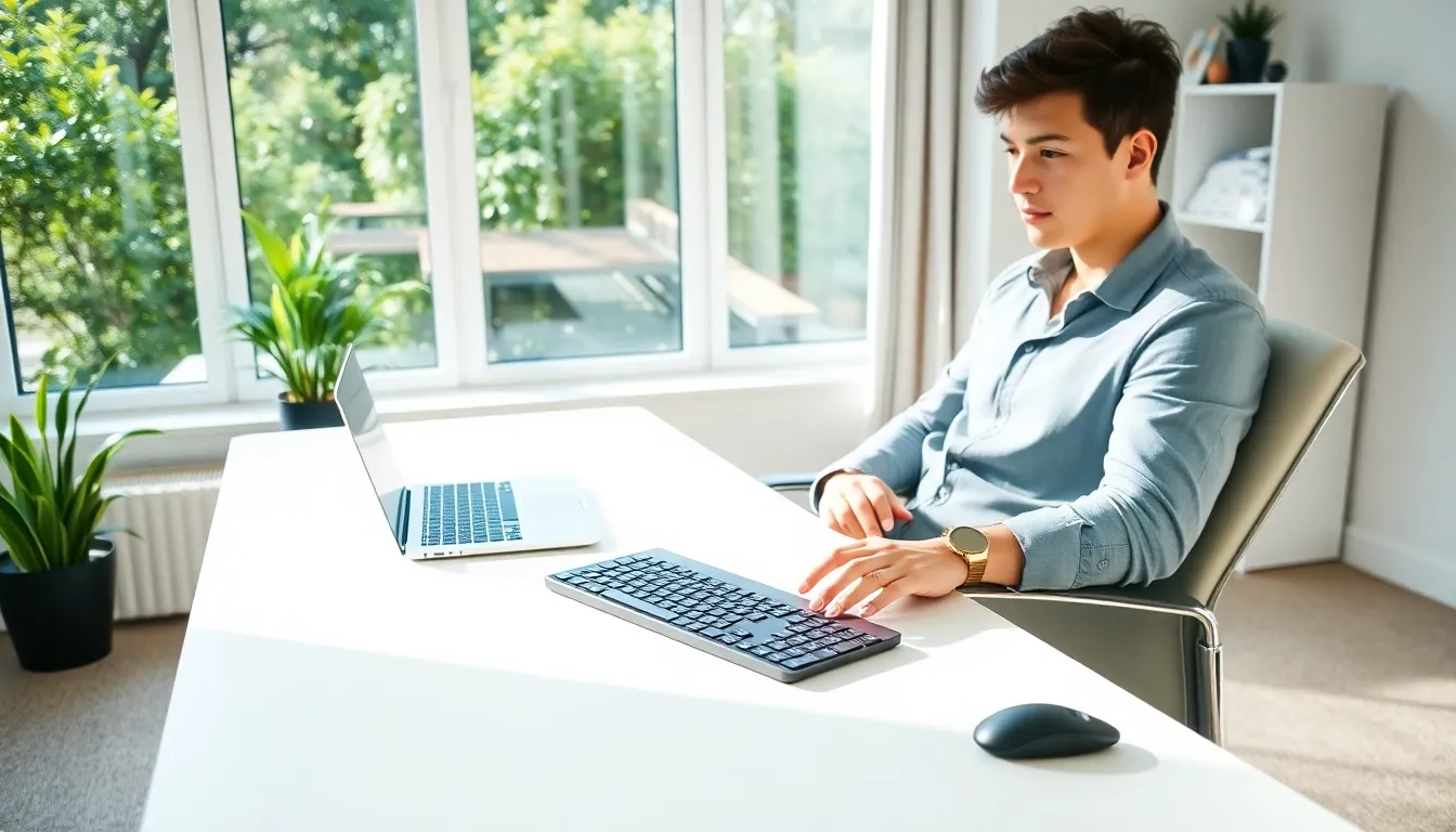 modern workspace with a wireless keyboard and laptop.