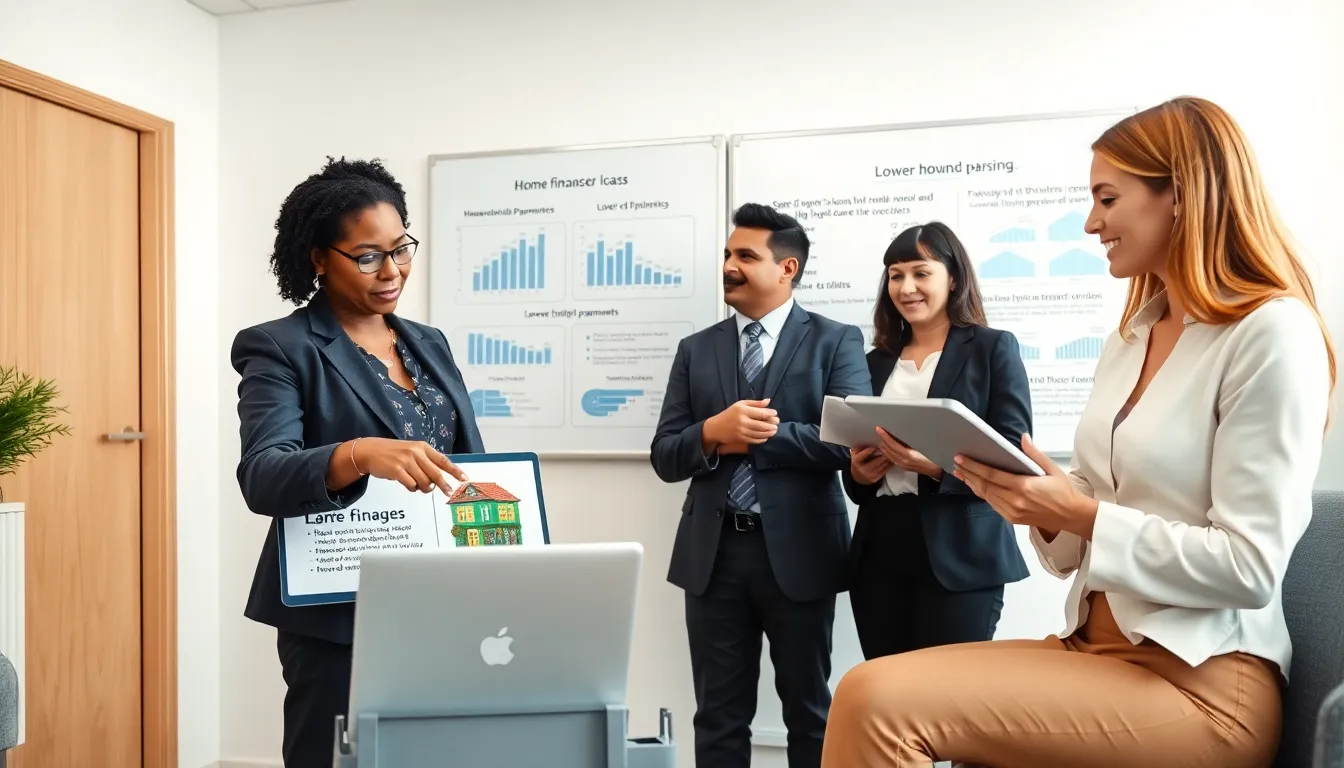 diverse team discussing FHA loans in a modern office.