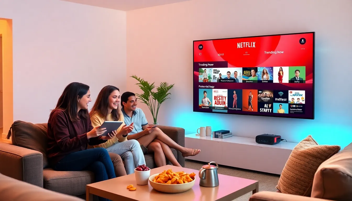 diverse friends playing the Netflix Trending Now Game in a stylish living room.