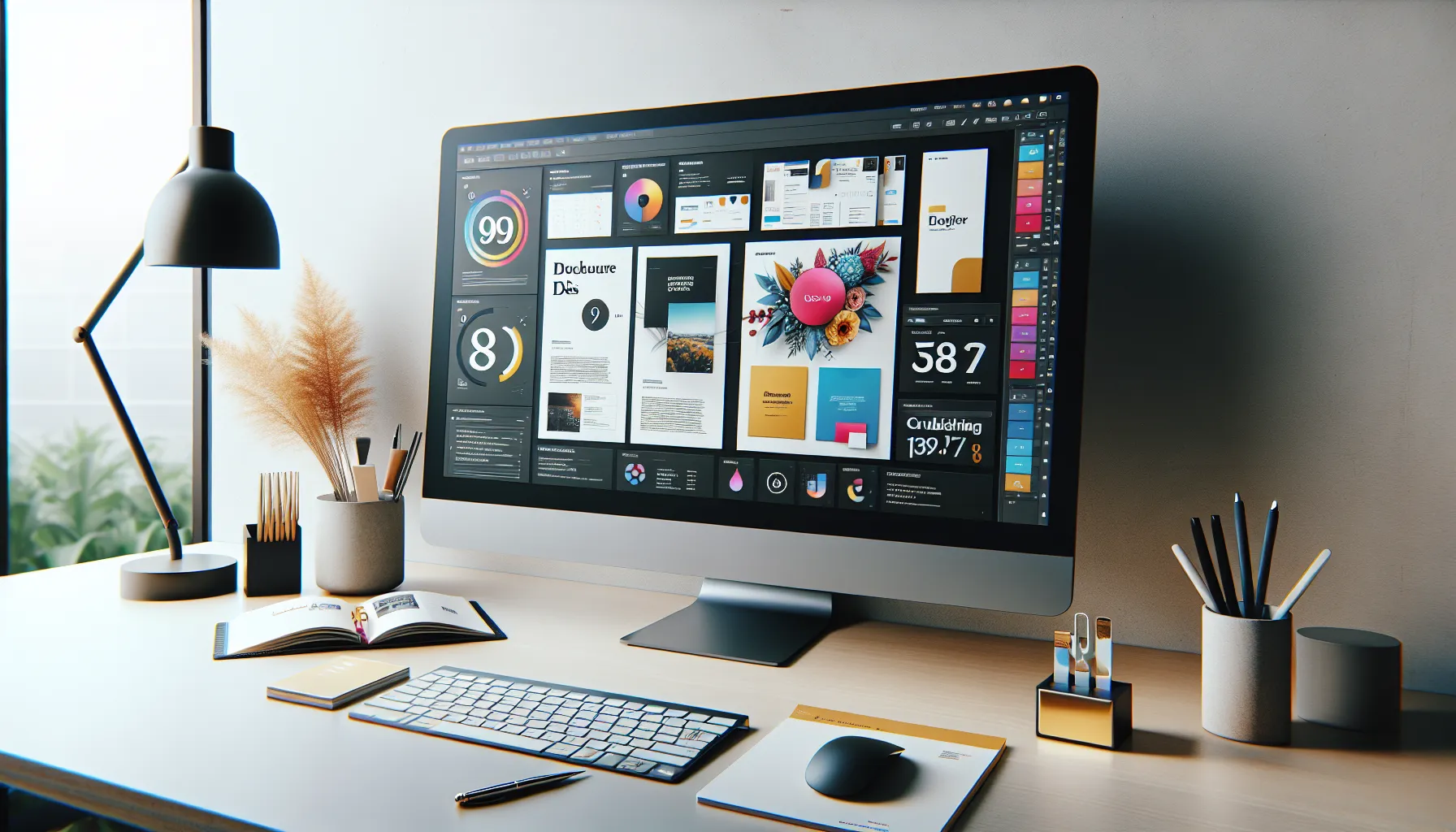 desktop showing Shotscribus software in a modern office setting.