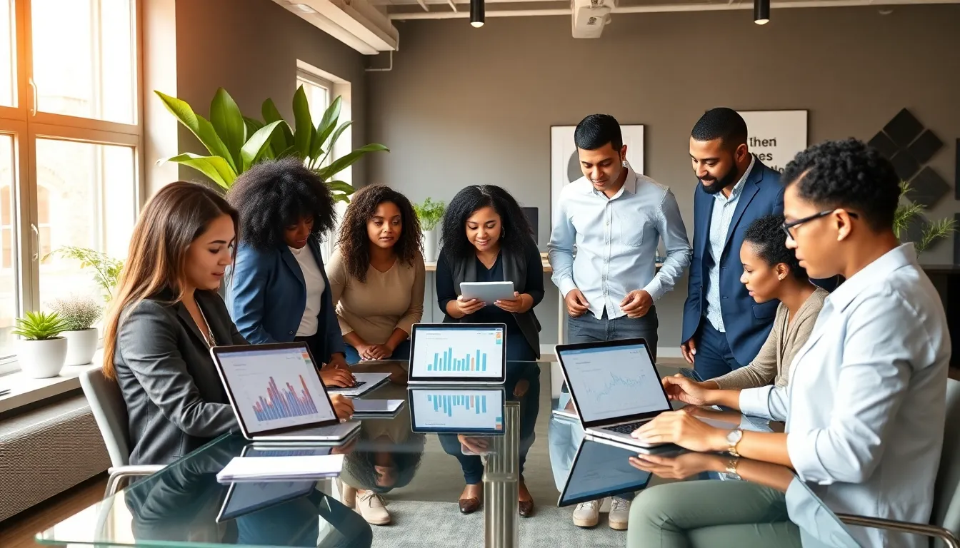 diverse professionals collaborating in a bright, modern office.