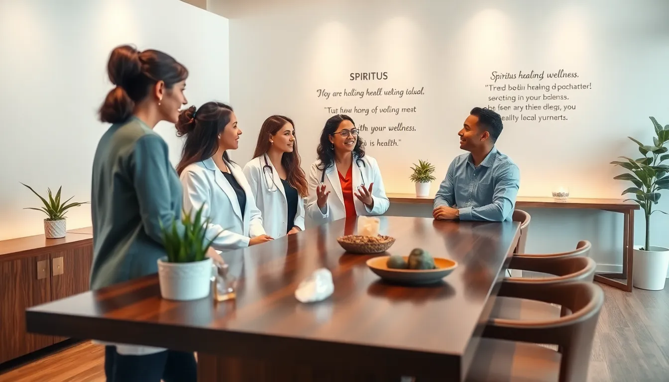 diverse wellness professionals discussing holistic health in a calming setting.