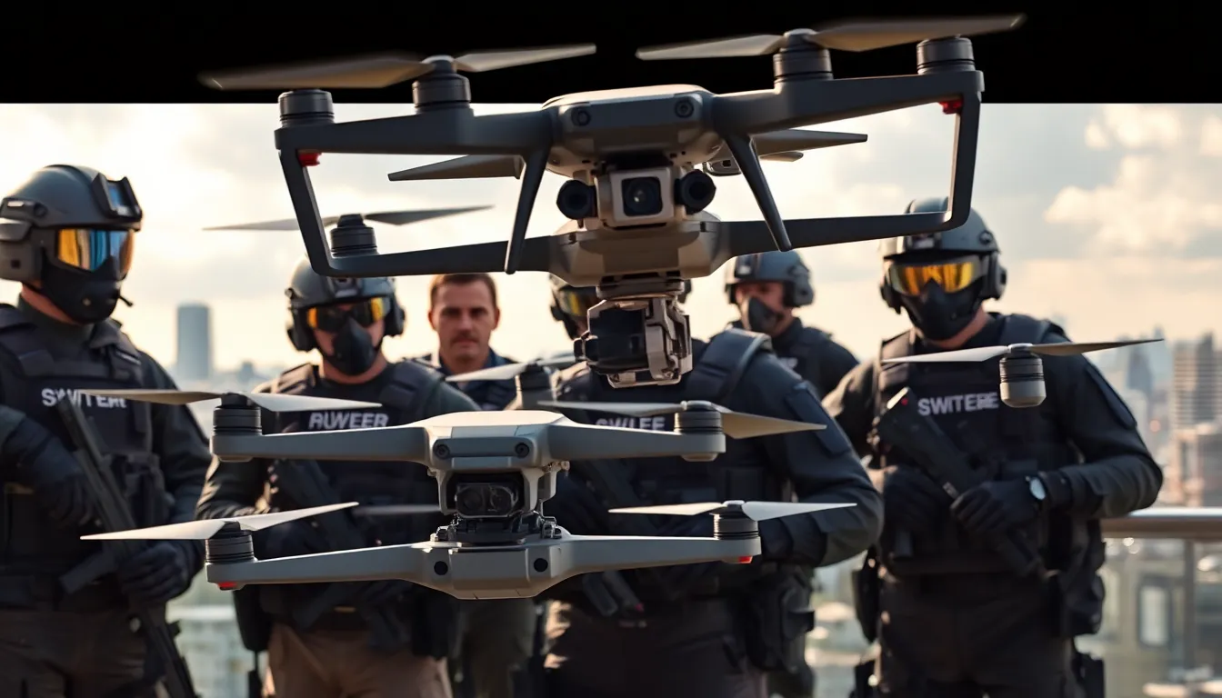SWAT team using advanced drones for surveillance in an urban setting.